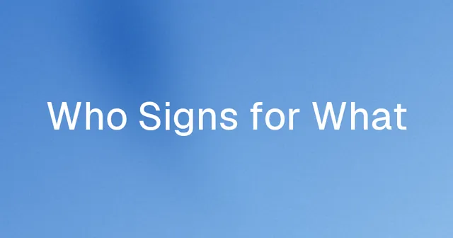 Who Signs for What, on a blue gradient