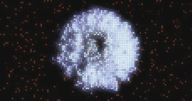 A pale blue flower drawn in glowing glyph cells