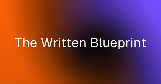 A blue glyph-cell flower beside the title: what a written blueprint contains