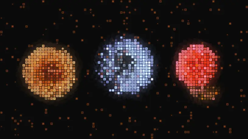 An orange, a blue and a pink flower drawn in glowing glyph cells