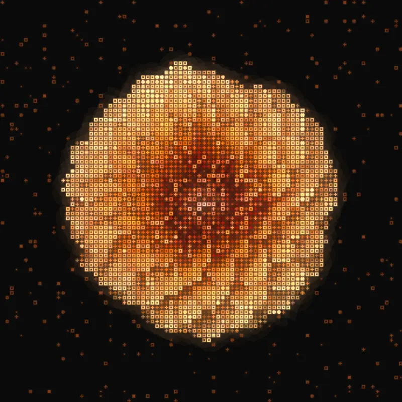 Glyph rendering of a dahlia, built from small coloured cells