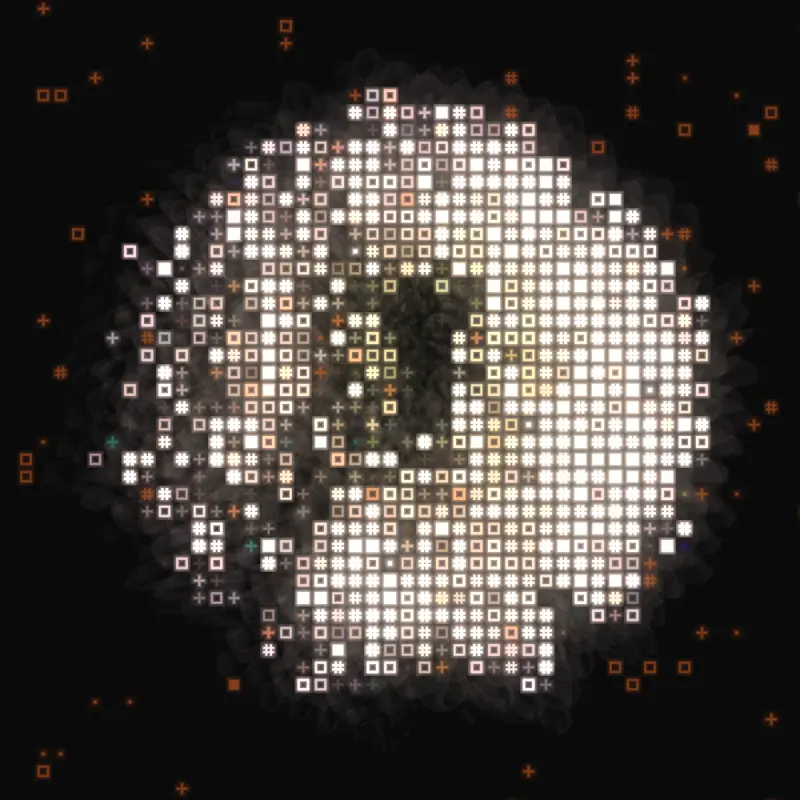 Glyph rendering of a white dahlia on a dark field