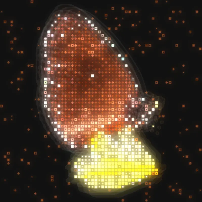 Glyph rendering of a butterfly in glowing orange and yellow cells
