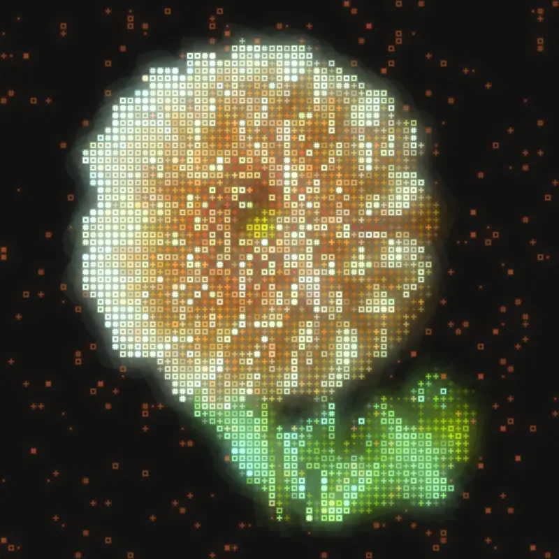 Glyph rendering of a white dahlia, read cell by cell